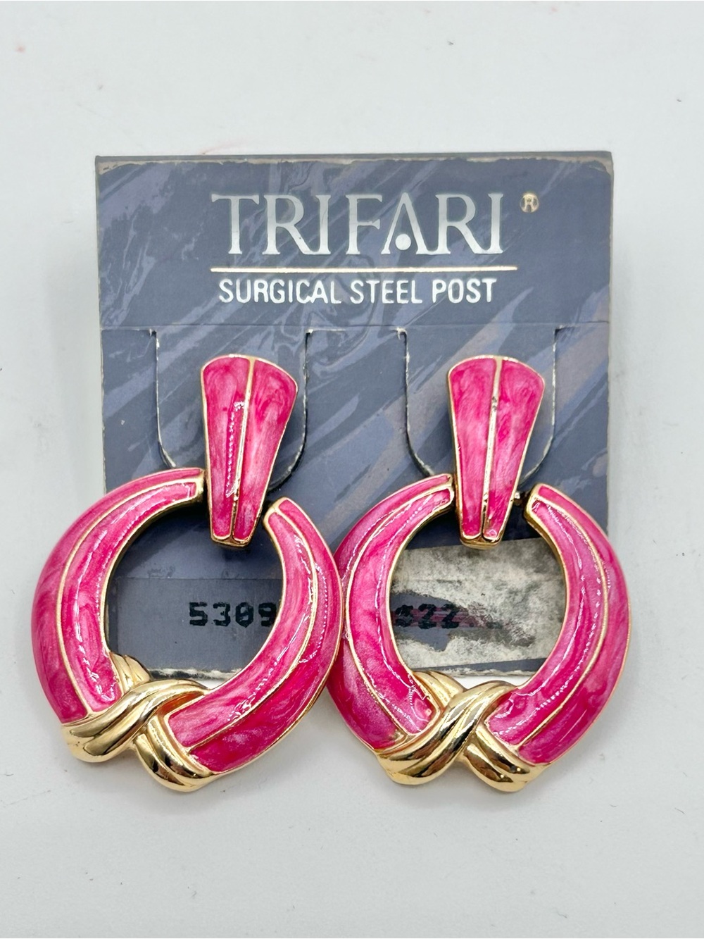 Trifari Gold Tone Pink Enamel Hinged Pierced Earrings 1990s